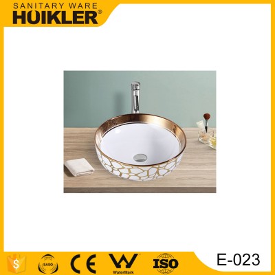 E-023 China Manufacturer Bathroom Sink Round Shape Ceramic Wash Basin Counter Top Sinks Art Basin Color golden basin